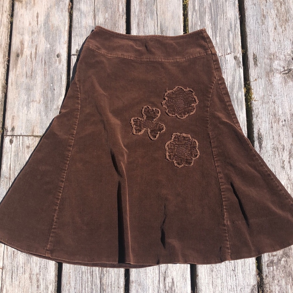 Vintage chocolate corduroy floral appliqué skirt